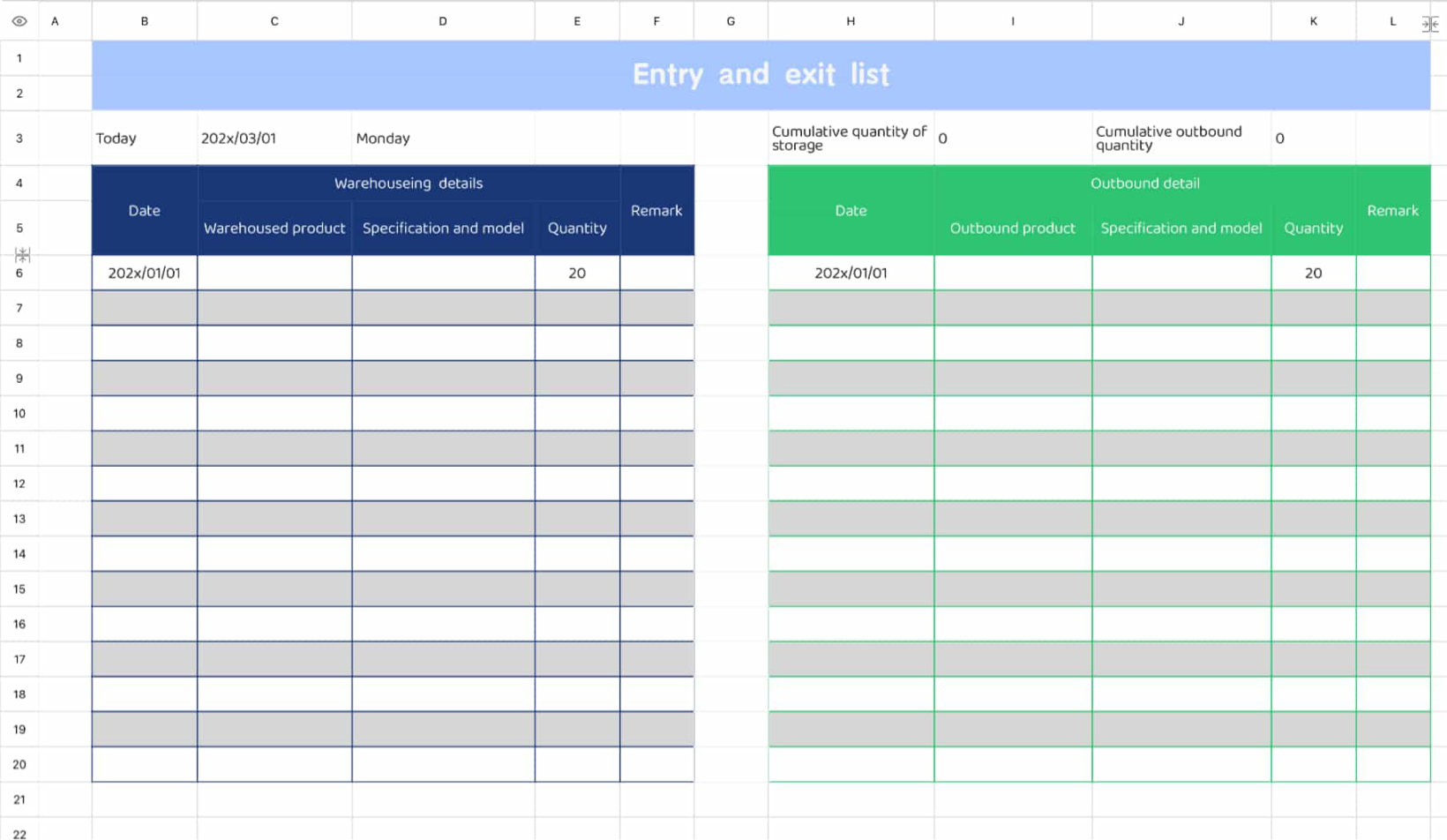 Detailed table of warehouse entry and exit